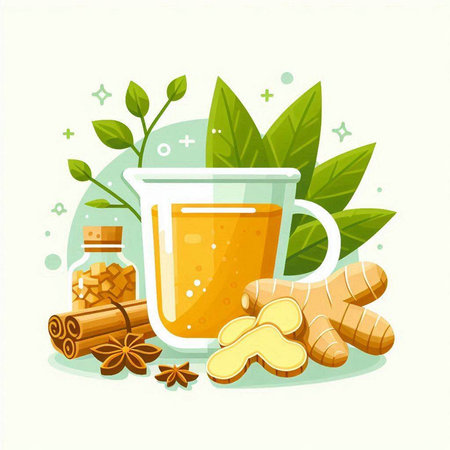 Ginger tea in a glass cup, ginger root, cinnamon sticks, star anise, leaves. Vector illustration.のイラスト素材
