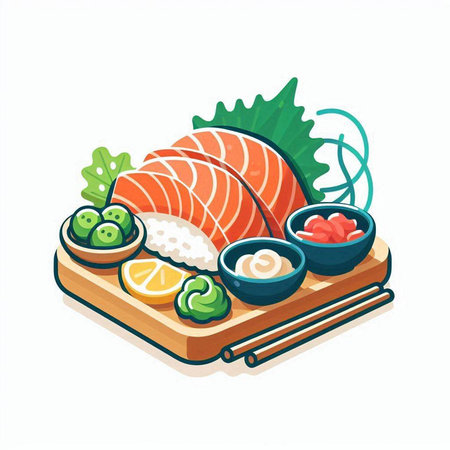 Sushi set. Salmon, tuna, shrimp, caviar, wasabi, ginger, soy sauce. Vector illustrationのイラスト素材