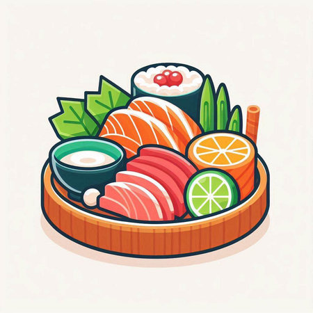 Japanese food vector illustration. Sushi, salmon, ginger, wasabi, soy sauce, ginger, lemon.のイラスト素材