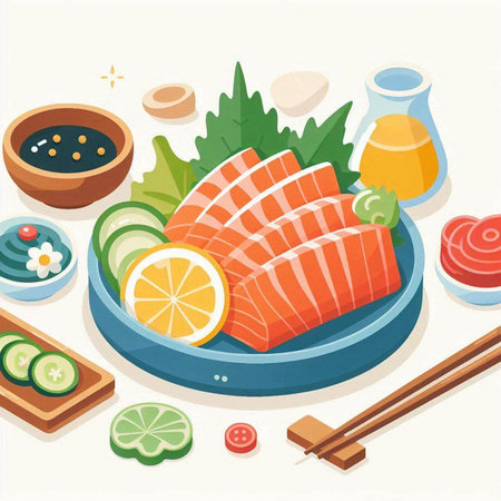 Illustration of Salmon Sashimi with Sashimi Sauce and Soy Sauceのイラスト素材