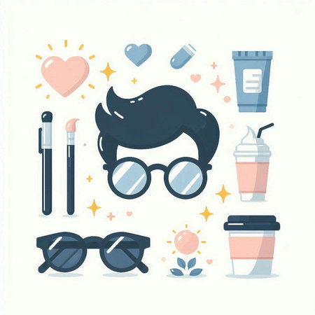 Vector illustration of hipster man with glasses, coffee and cosmetics.のイラスト素材