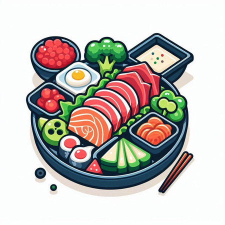 Japanese food vector illustration. Sushi roll with salmon, tuna, avocado, cucumber, wasabi and soy sauce.のイラスト素材