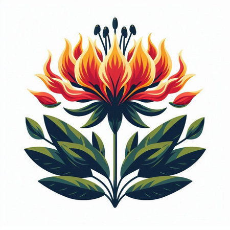 Illustration of a beautiful red flower with green leaves on a white backgroundのイラスト素材