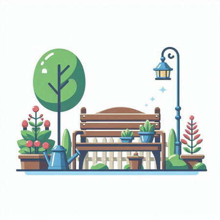 Vector illustration of a garden with a bench, a lantern and flowers.のイラスト素材