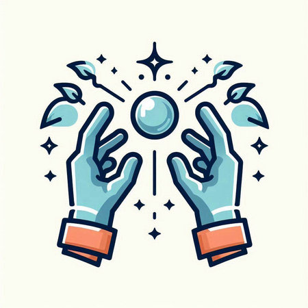 Vector illustration of hands with magic ball. Icons in linear style.のイラスト素材