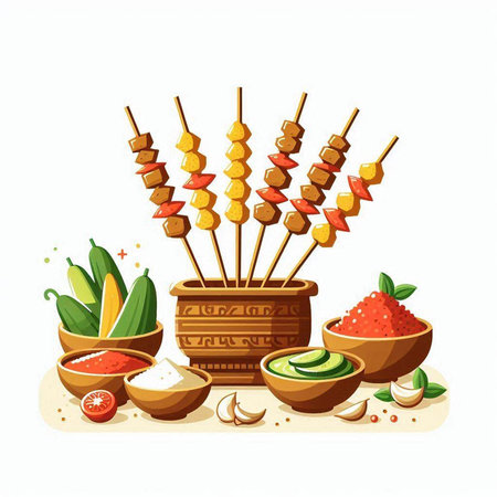 Illustration set of traditional Indian food, shish kebab on skewers.のイラスト素材