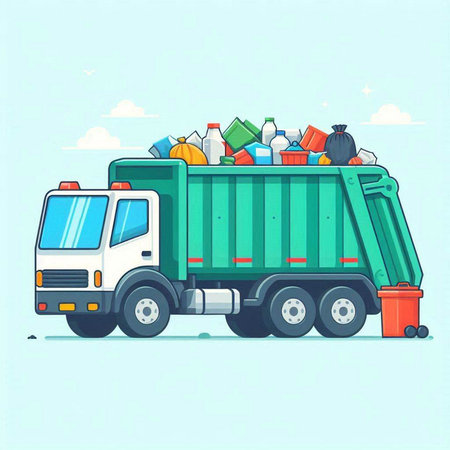 Garbage truck. Garbage sorting. Vector illustration in cartoon style.のイラスト素材