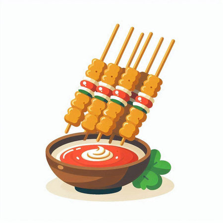 Illustration of chicken skewers with sauce on a white background.のイラスト素材