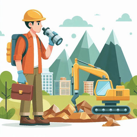 Construction worker with binoculars and excavator. Vector illustration.のイラスト素材