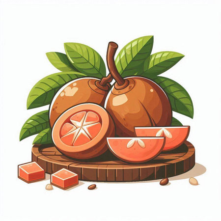 Santol fruit with leaves on white background. Vector illustration.のイラスト素材