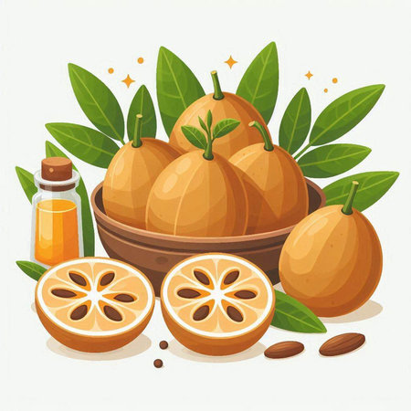 Sapodilla fruits with leaves and essential oil. Vector illustration.のイラスト素材