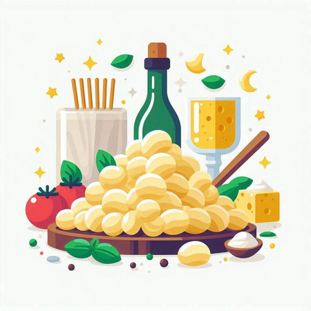 Illustration of traditional Italian food - gnocchi with cheese, olive oil, tomato, parmesan and basilのイラスト素材