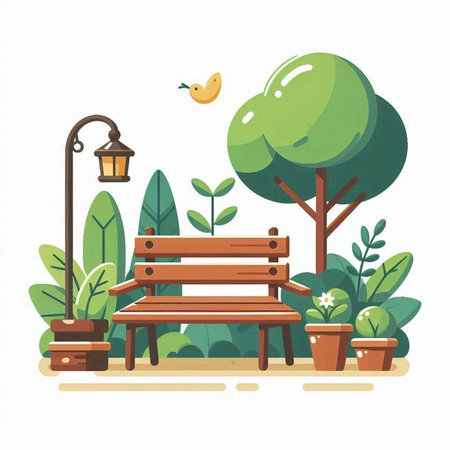 Wooden bench in the garden. Vector illustration in flat style.のイラスト素材