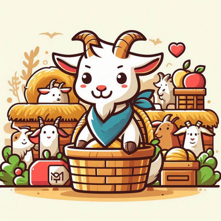Cute cartoon goat in a basket. Vector illustration of farm animal.のイラスト素材