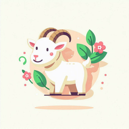 Vector illustration of cute cartoon goat with flower. Flat style design.のイラスト素材