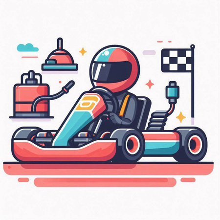 Funny karting vector illustration. Flat line art style design.のイラスト素材