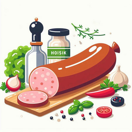 Sausage on cutting board with spices and herbs. Vector illustrationのイラスト素材