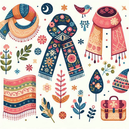 Vector illustration of a set of knitted scarves, scarves, plaids, handkerchiefs.のイラスト素材