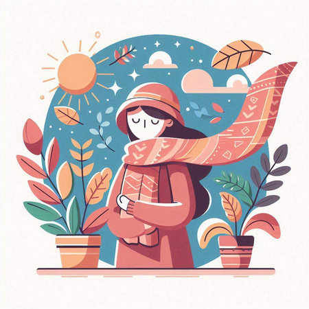 Vector illustration of a girl in a hat and scarf on the background of nature.のイラスト素材
