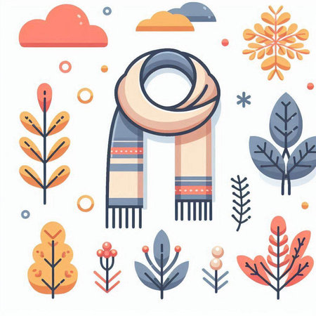 Winter clothes flat vector illustration. Warm scarf, woolen shawl and autumn leaves.のイラスト素材