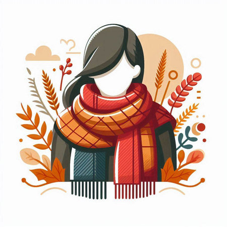 Vector illustration of a girl in a warm scarf and hat on a background of autumn leaves.のイラスト素材