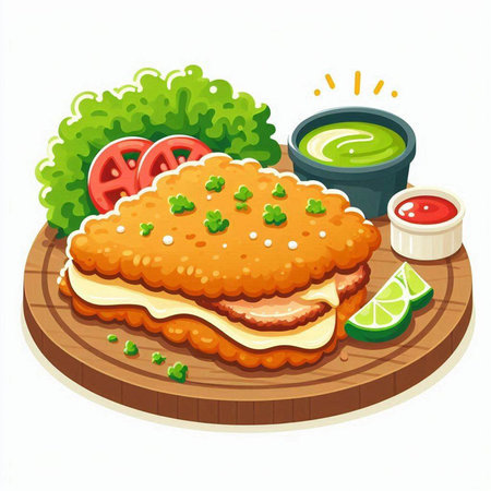 Illustration of chicken schnitzel with ketchup and mayonnaiseのイラスト素材