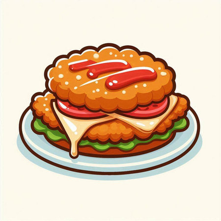 Illustration of a hamburger with tomato sauce on a white backgroundのイラスト素材