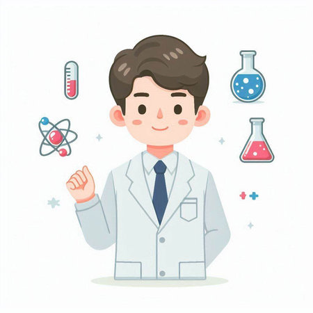 Illustration of a boy in a lab coat holding a test tubeのイラスト素材