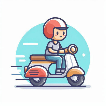 Boy riding a scooter. Vector illustration in a flat style.のイラスト素材