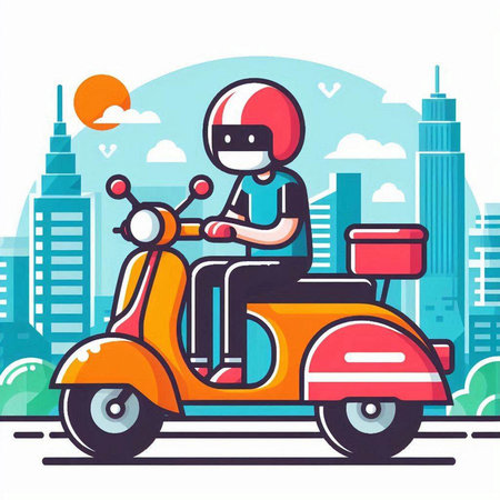 Man riding a scooter in the city. Flat style vector illustration.のイラスト素材