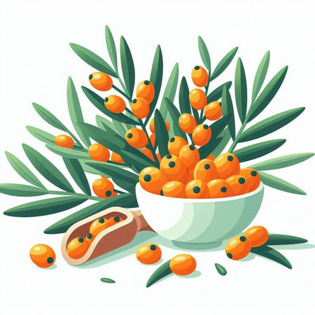 Sea buckthorn berries in a bowl with green leaves. Vector illustration.のイラスト素材