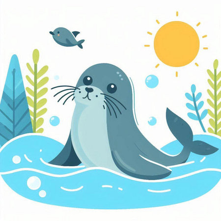 Cute seal in the sea. Vector illustration of a seal.のイラスト素材