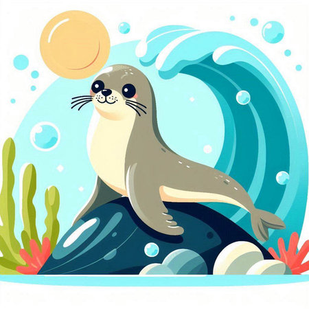Cute seal in the sea. Vector illustration of a cartoon seal.のイラスト素材