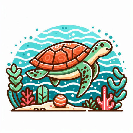Cute cartoon turtle on the seashore. Vector illustration.のイラスト素材