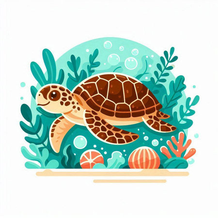 Cute cartoon sea turtle swimming in the sea. Vector illustration.のイラスト素材
