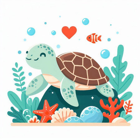 Sea turtle and corals. Cute cartoon illustration. Vector illustration.のイラスト素材