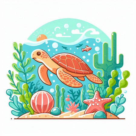 Sea turtle and starfish on the seashore. Vector illustration.のイラスト素材