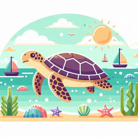Turtle on the seashore in flat style. Vector illustrationのイラスト素材