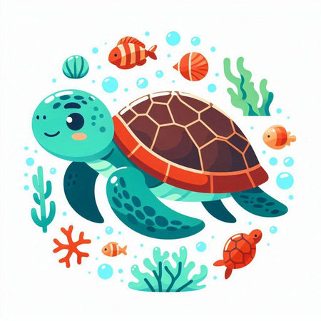 Cute cartoon sea turtle swimming in the ocean. Vector illustration.のイラスト素材