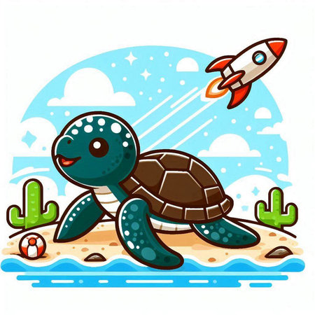Cartoon turtle on the beach with rocket and cactus. Vector illustrationのイラスト素材