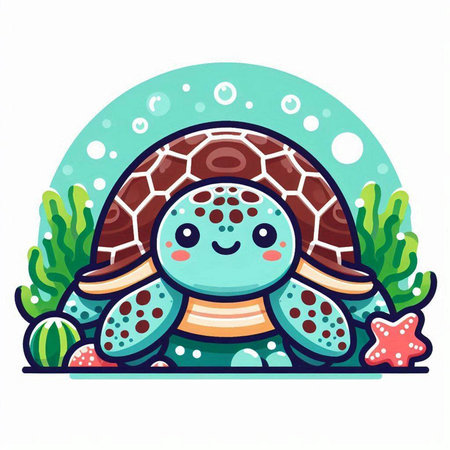 Cute cartoon turtle on a background of the sea. Vector illustration.のイラスト素材