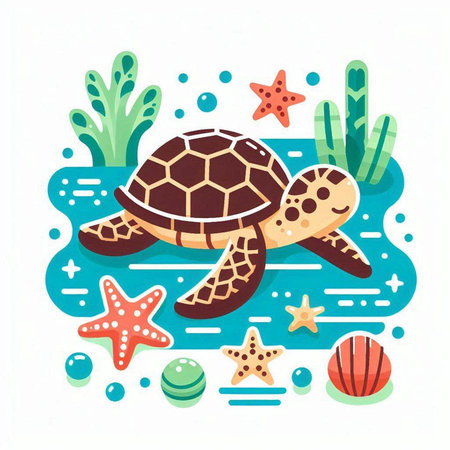 Sea turtle, starfish and seaweed. Vector illustration in flat styleのイラスト素材