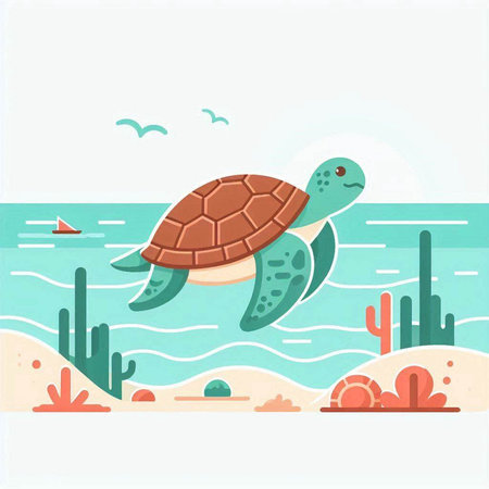 Turtle on the seashore. Vector illustration in flat styleのイラスト素材