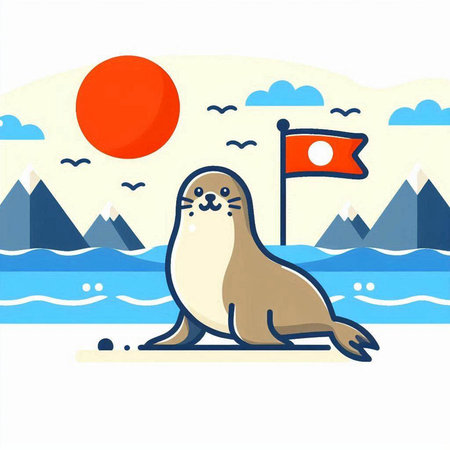 Vector illustration of a seal with a flag on the background of the seaのイラスト素材