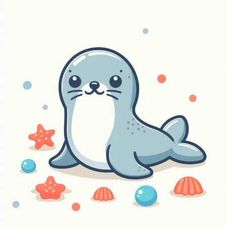 Cute seal with starfish and seashells. Vector illustrationのイラスト素材
