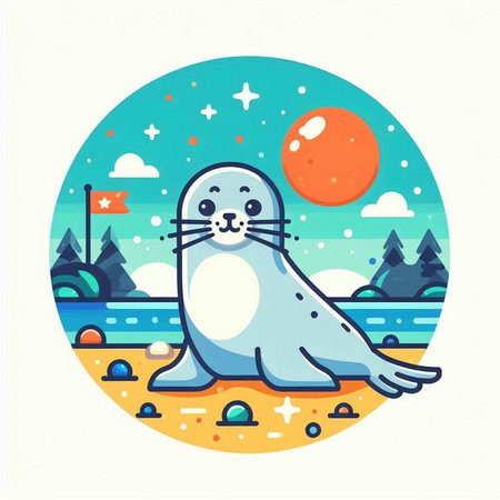 Vector illustration of a cute seal on the beach in the circle.のイラスト素材