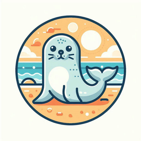 Cute seal on the beach. Vector illustration in flat style.のイラスト素材
