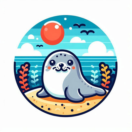 Cute seal on the beach. Vector illustration in cartoon style.のイラスト素材