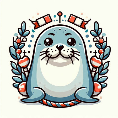Cute seal with a wreath of leaves. Vector illustration.のイラスト素材