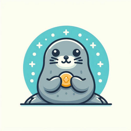 Cute seal with a coin in his hands. Vector illustration.のイラスト素材